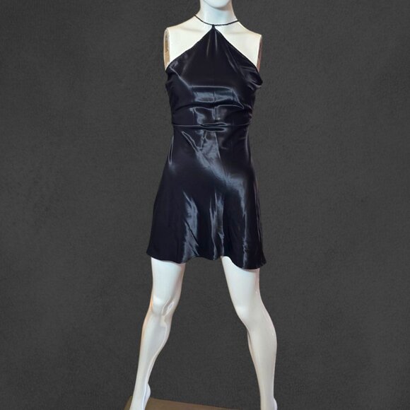 Black Satin Halter Mini Slip Dress with Beaded Strap sz M - Picture 3 of 7